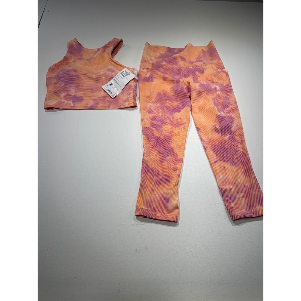 Athleta Conscious Crop Bra & Salutation Stash Capri Set Orange Purple Tie Dye XS